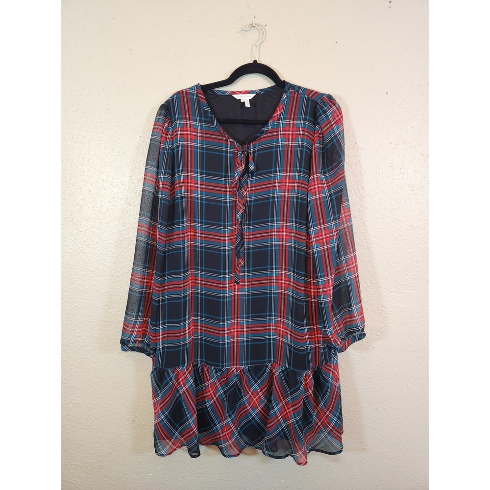 Draper James Womens Large Red Plaid V-Neck Tie Long Sleeve Ruffle Shift Dress